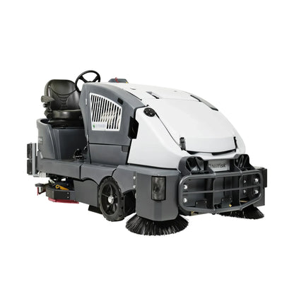 A compact street sweeper vacuum cleaner with a white and dark gray body, a black driver's seat, and rotating brushes at the front, shown on a solid white background.