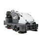 A compact street sweeper vacuum cleaner with a white and dark gray body, a black driver's seat, and rotating brushes at the front, shown on a solid white background.