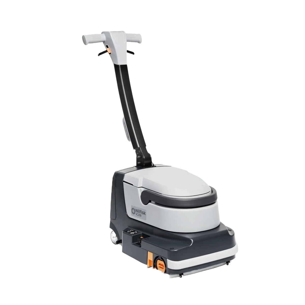 A cordless floor buffer/mop machine with a gray and black body, a white handle, and orange accent buttons, shown on a plain white background.