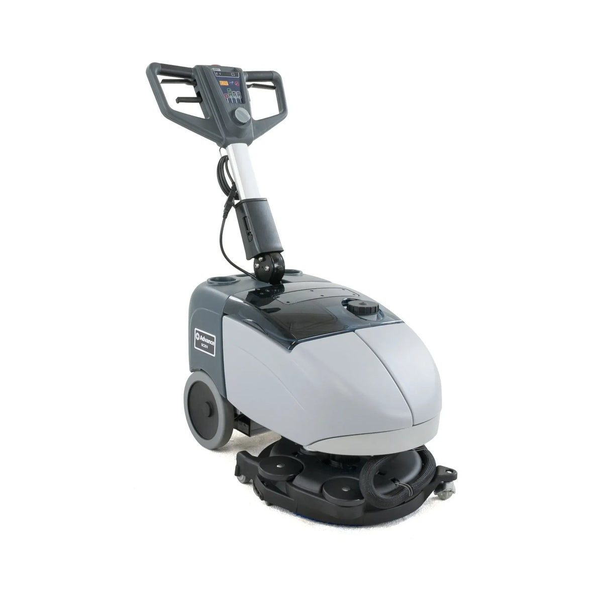 A floor care machine with a gray and black body, featuring a digital control panel on the handle, a brush pad at the base, and a small side label, shown on a plain white background.