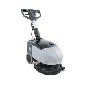 A floor care machine with a gray and black body, featuring a digital control panel on the handle, a brush pad at the base, and a small side label, shown on a plain white background.