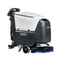 A Nilfisk SC3600 L10000i00 electric floor cleaner with a white and dark gray body, blue bristles, and black wheels, shown on a solid white background.