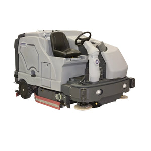 A compact industrial driving snowmobile with a light gray body, black seat and steering wheel, and a red undercarriage detail, shown on a plain white background.