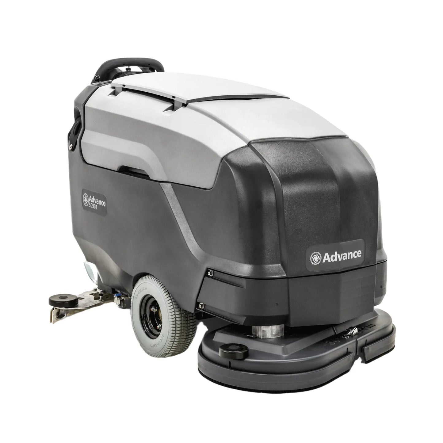 Advance Model X2000 floor care machine with a dark gray and silver body, featuring a rear handle, wheels, and a brush pad attachment, shown on a solid white background.