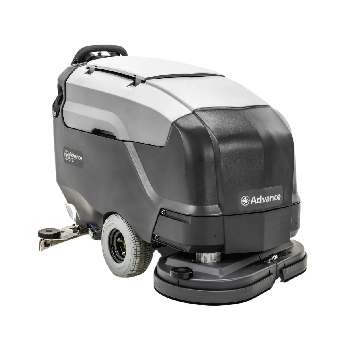 Advance Model X2000 floor care machine with a dark gray and silver body, featuring a rear handle, wheels, and a brush pad attachment, shown on a solid white background.