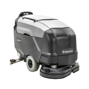 Advance Model X2000 floor care machine with a dark gray and silver body, featuring a rear handle, wheels, and a brush pad attachment, shown on a solid white background.