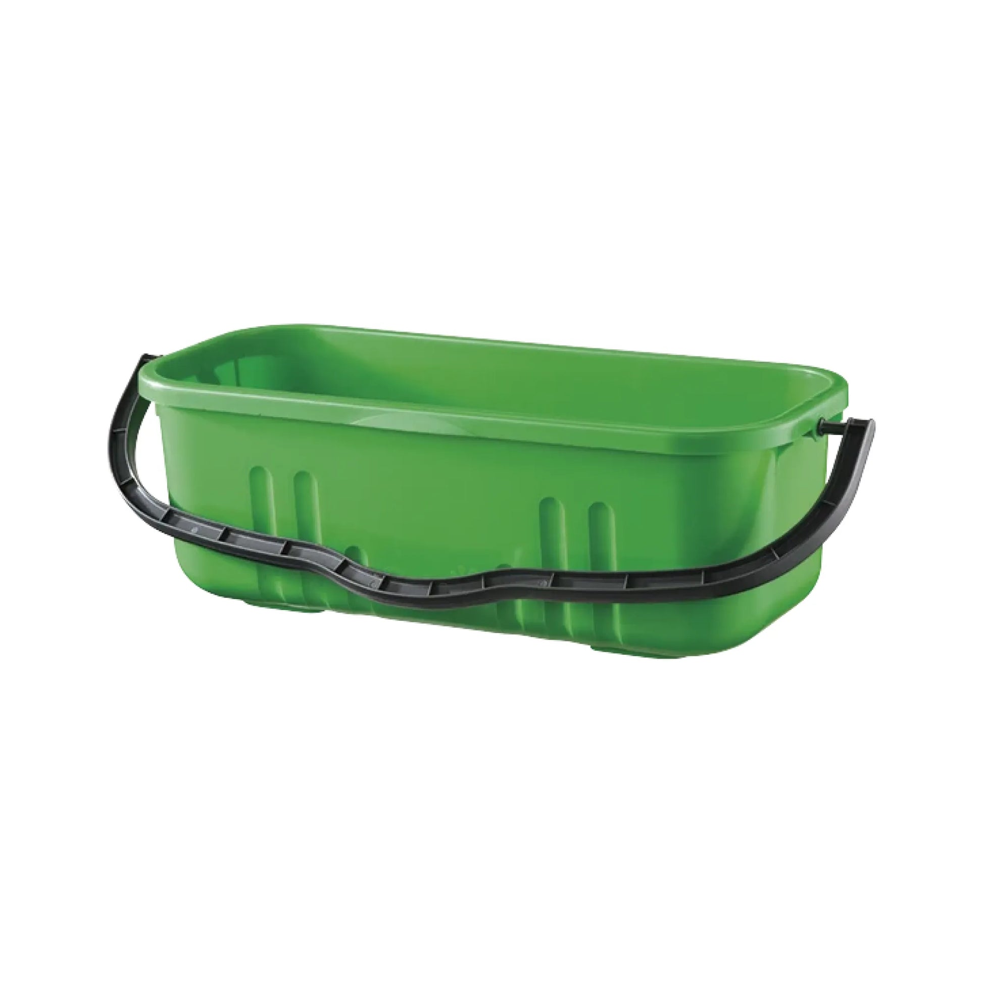 A bright green plastic utility bucket with a black molded handle, shown on a plain white background.