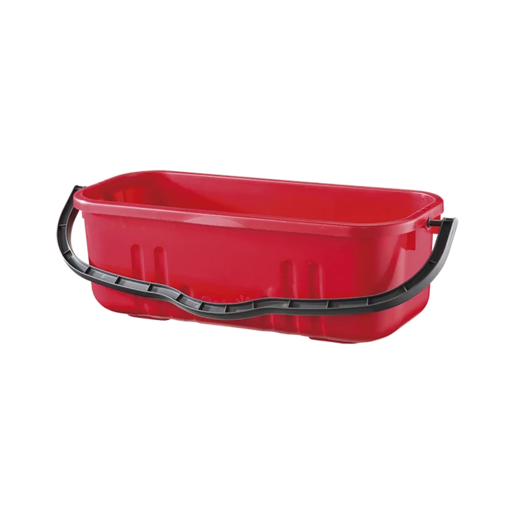 A red plastic utility bucket with a black molded carrying handle, shown on a plain white background.