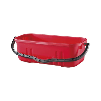 A red plastic utility bucket with a black molded carrying handle, shown on a plain white background.