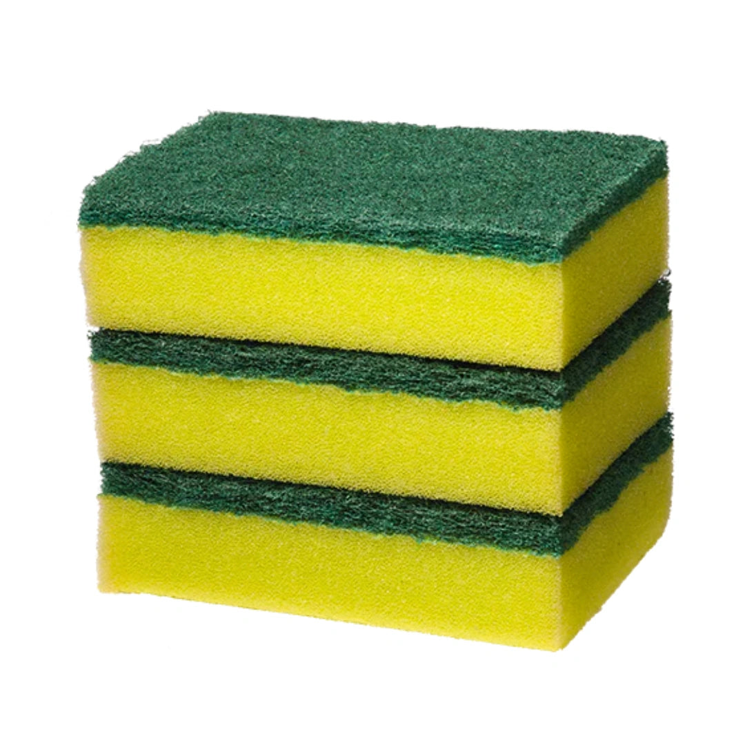Three stacked two-sided cleaning sponges with a bright yellow body and a dark green abrasive scrubber on top, isolated on a white background.