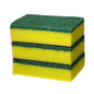 Three stacked two-sided cleaning sponges with a bright yellow body and a dark green abrasive scrubber on top, isolated on a white background.