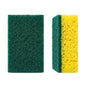Two rectangular cleaning sponges on a plain white background: one dark green abrasive scrubber on the left, and one yellow porous sponge with a green side on the right.
