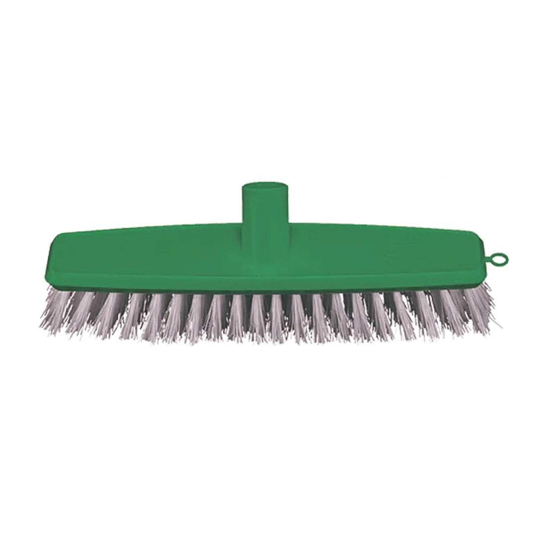 A green plastic push broom head with gray nylon bristles, shown from a side profile view against a plain white background.