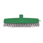 A green plastic push broom head with gray nylon bristles, shown from a side profile view against a plain white background.