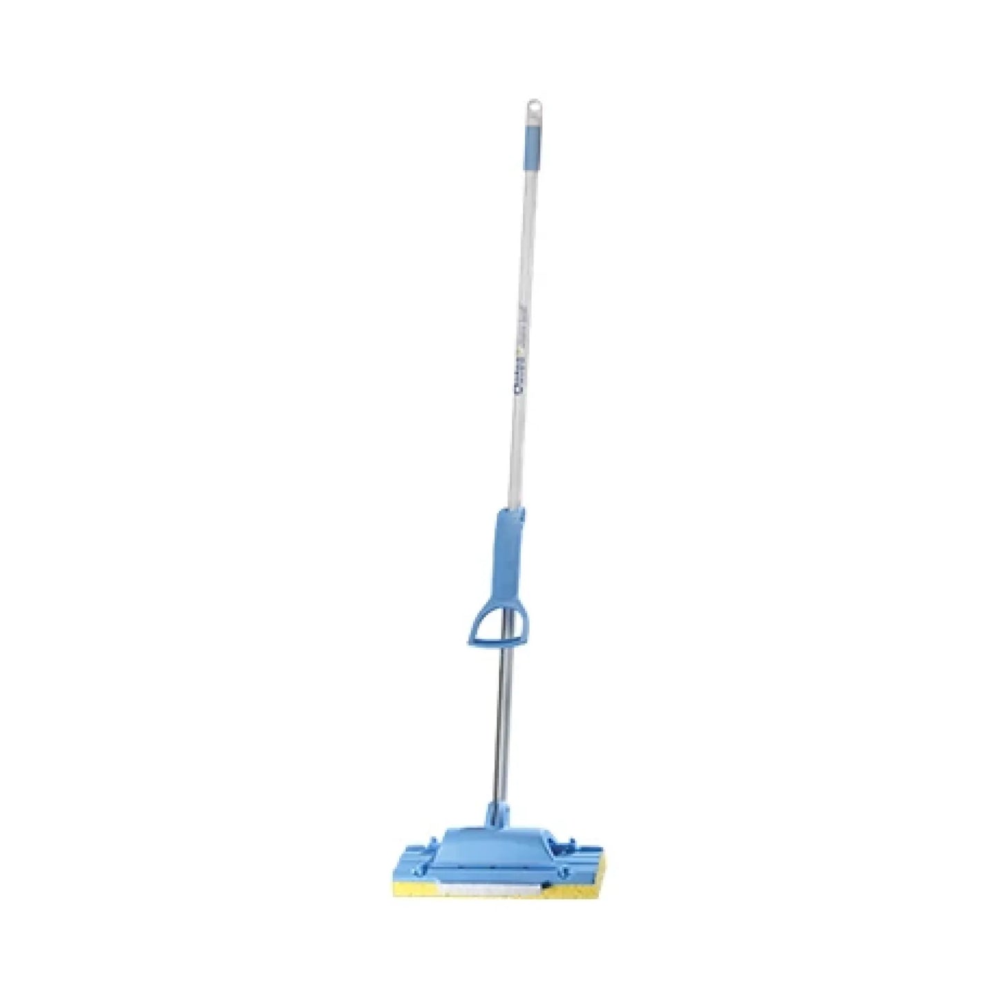 A blue and silver floor scrubber with a long handle, shown against a plain white background.