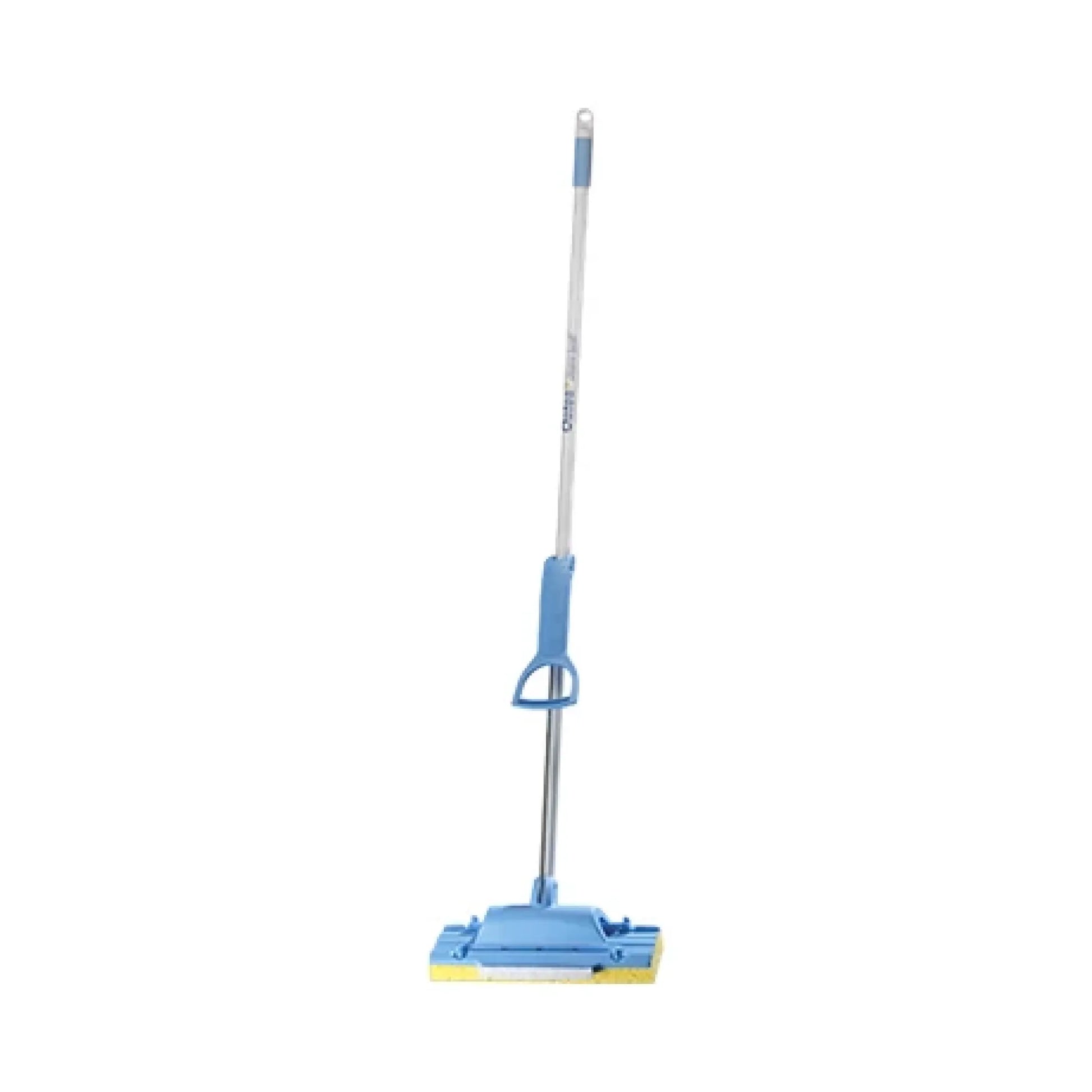 A blue and silver floor scrubber with a long handle, shown against a plain white background.
