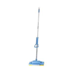 A blue and silver floor scrubber with a long handle, shown against a plain white background.