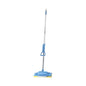 A blue and silver floor scrubber with a long handle, shown against a plain white background.