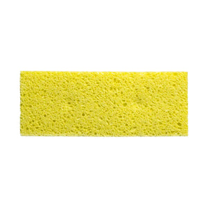 A rectangular yellow sponge with a porous, textured surface, shown against a plain white background.