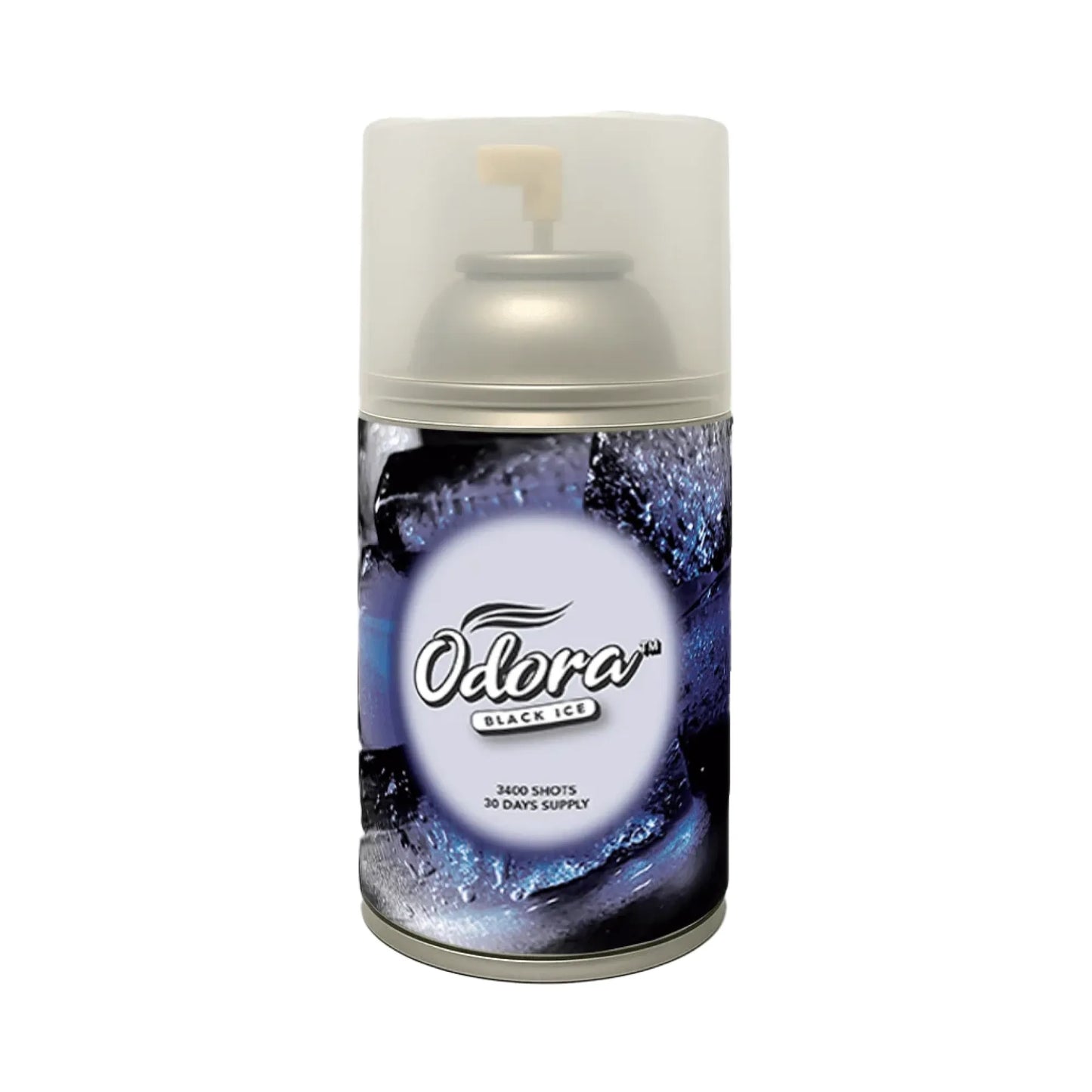 A can of Odora Black Ice spray aerosol with a translucent cap and a metallic silver body, featuring a blue and black icy graphic label.