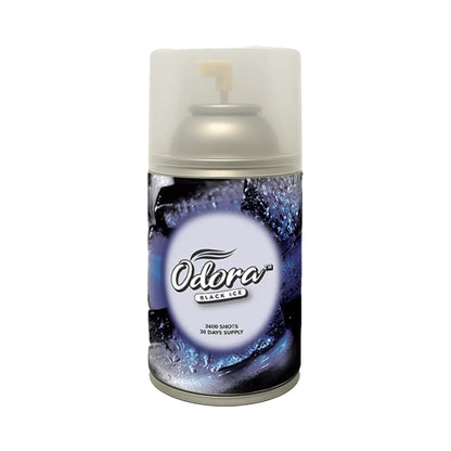 A can of Odora Black Ice spray aerosol with a translucent cap and a metallic silver body, featuring a blue and black icy graphic label.