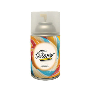 Odora Bubble Gum spray can with a colorful swirl pattern in orange, blue, red, and yellow on a white background.