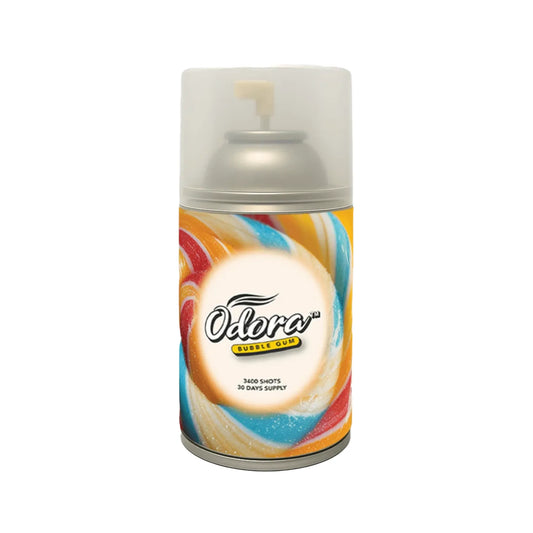 Odora Bubble Gum spray can with a colorful swirl pattern in orange, blue, red, and yellow on a white background.
