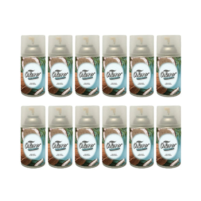 Twelve O'twizer air freshener spray cans arranged in two rows of six on a plain white background. The cans feature a tropical coconut and palm leaf design with a light blue gradient label.