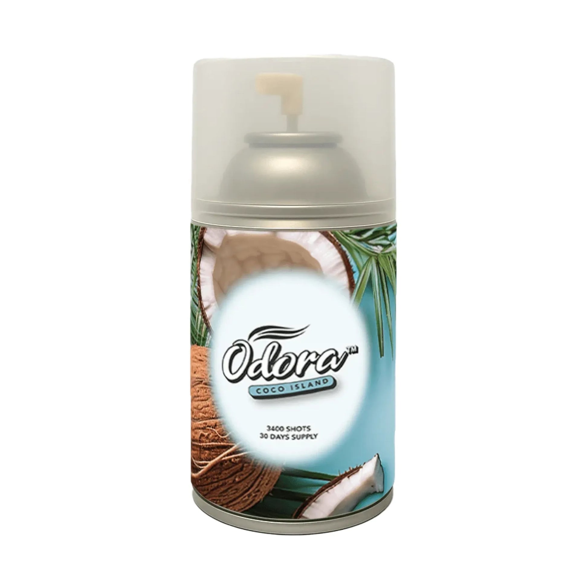 A can of Odora Coco Island spray with a translucent cap and a tropical coconut graphic label, isolated on a white background.