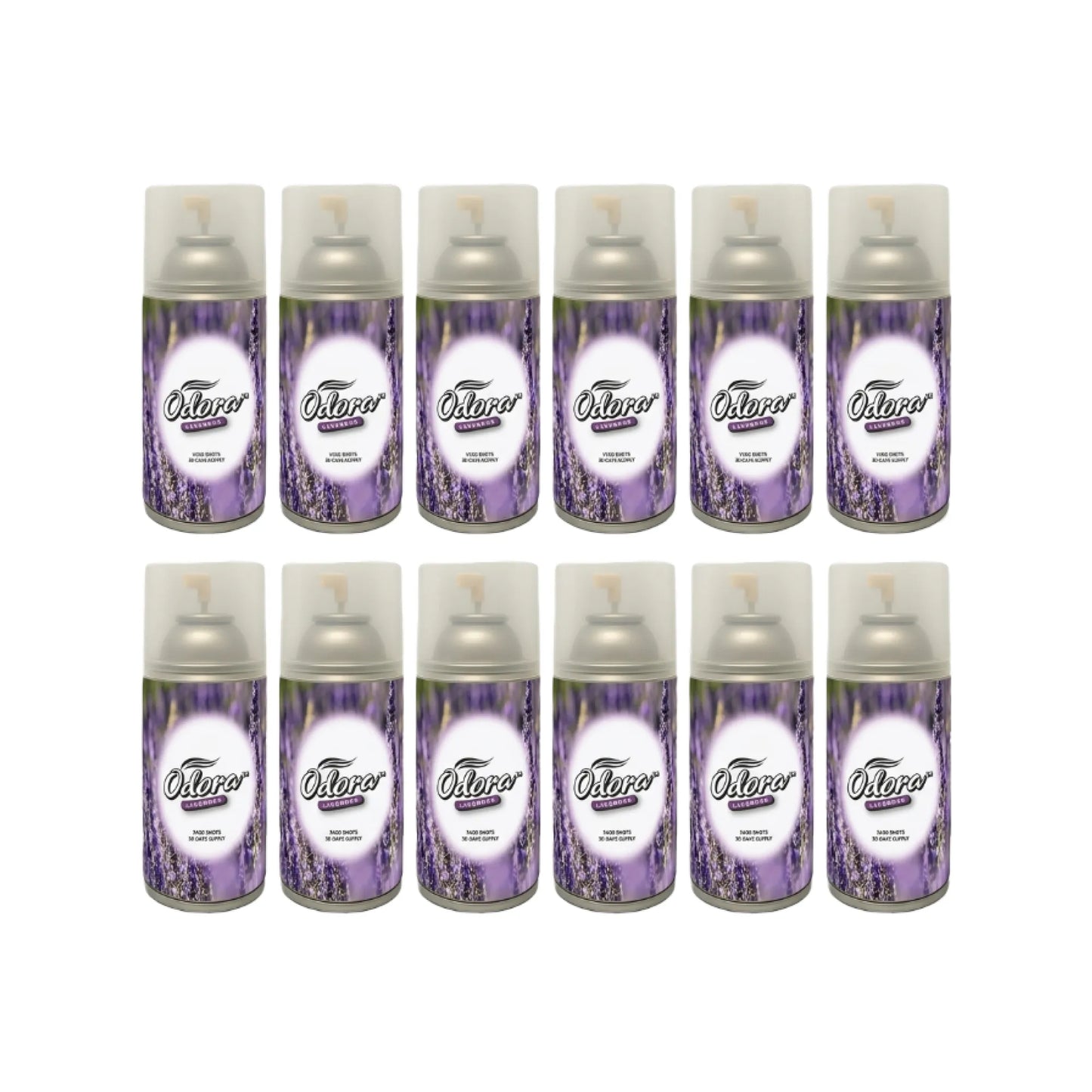 Twelve Otor Air freshener spray cans arranged in two rows of six on a plain white background. The cans have purple and white labels with a lavender field design, and silver metal tops.