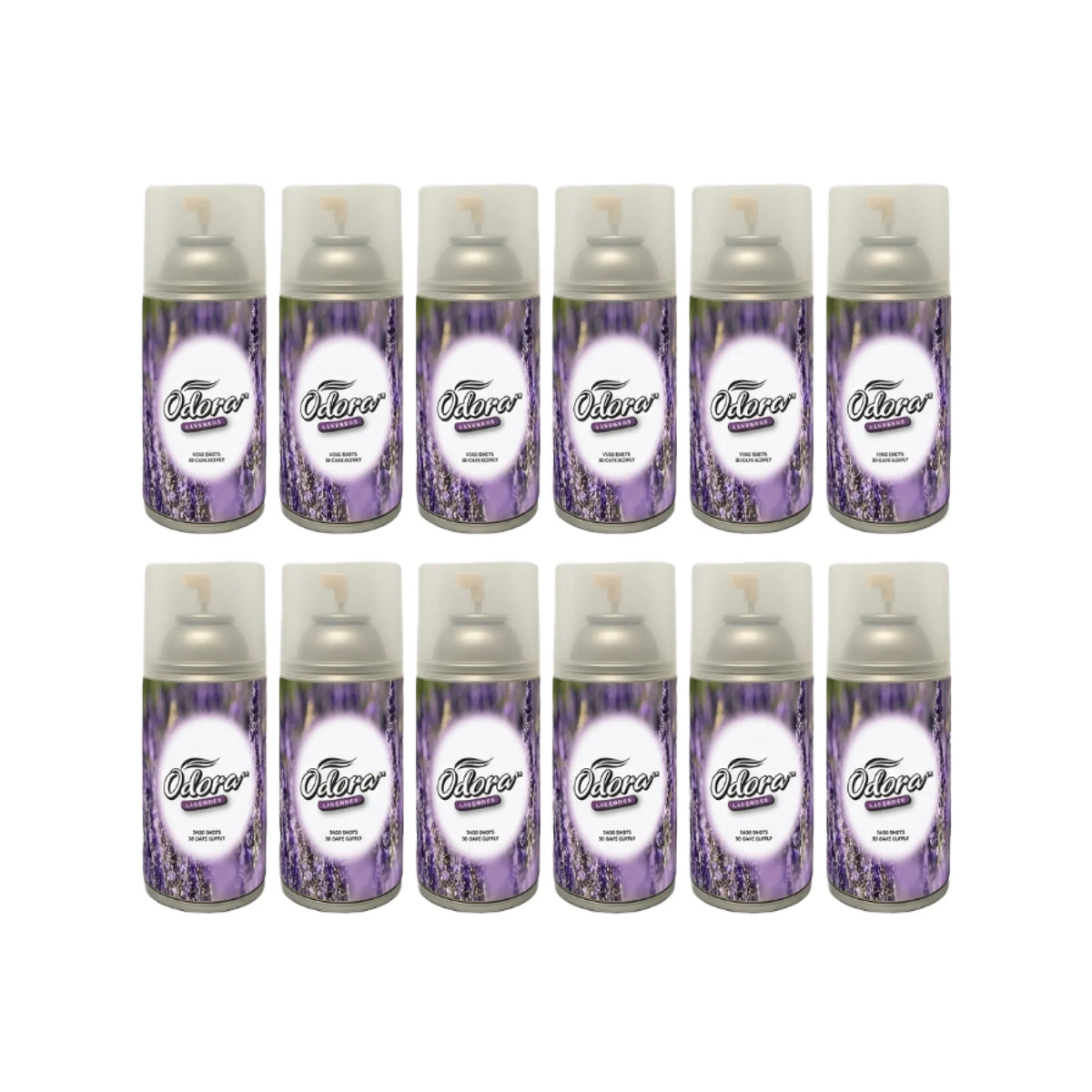 Twelve Otor Air freshener spray cans arranged in two rows of six on a plain white background. The cans have purple and white labels with a lavender field design, and silver metal tops.