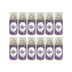 Twelve Otor Air freshener spray cans arranged in two rows of six on a plain white background. The cans have purple and white labels with a lavender field design, and silver metal tops.
