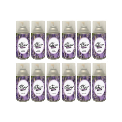 Twelve Otor Air freshener spray cans arranged in two rows of six on a plain white background. The cans have purple and white labels with a lavender field design, and silver metal tops.