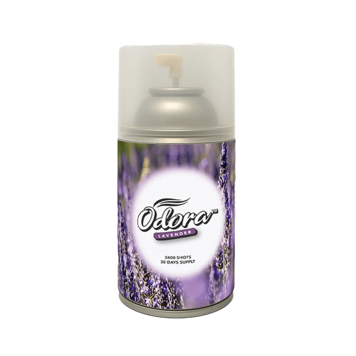 An Odora Lavender air freshener spray can with a lavender field label and a translucent cap, shown on a plain white background.