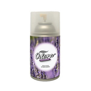 An Odora Lavender air freshener spray can with a lavender field label and a translucent cap, shown on a plain white background.