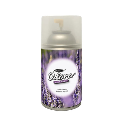 An Odora Lavender air freshener spray can with a lavender field label and a translucent cap, shown on a plain white background.