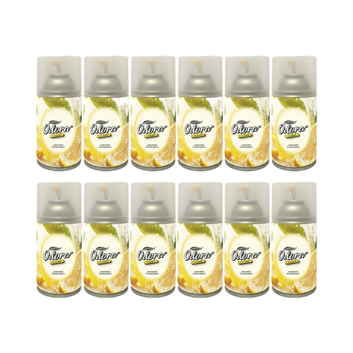 Twelve Ostorero air freshener spray cans arranged in two rows of six on a plain white background. The cans have white labels with yellow citrus graphics and silver spray tops.