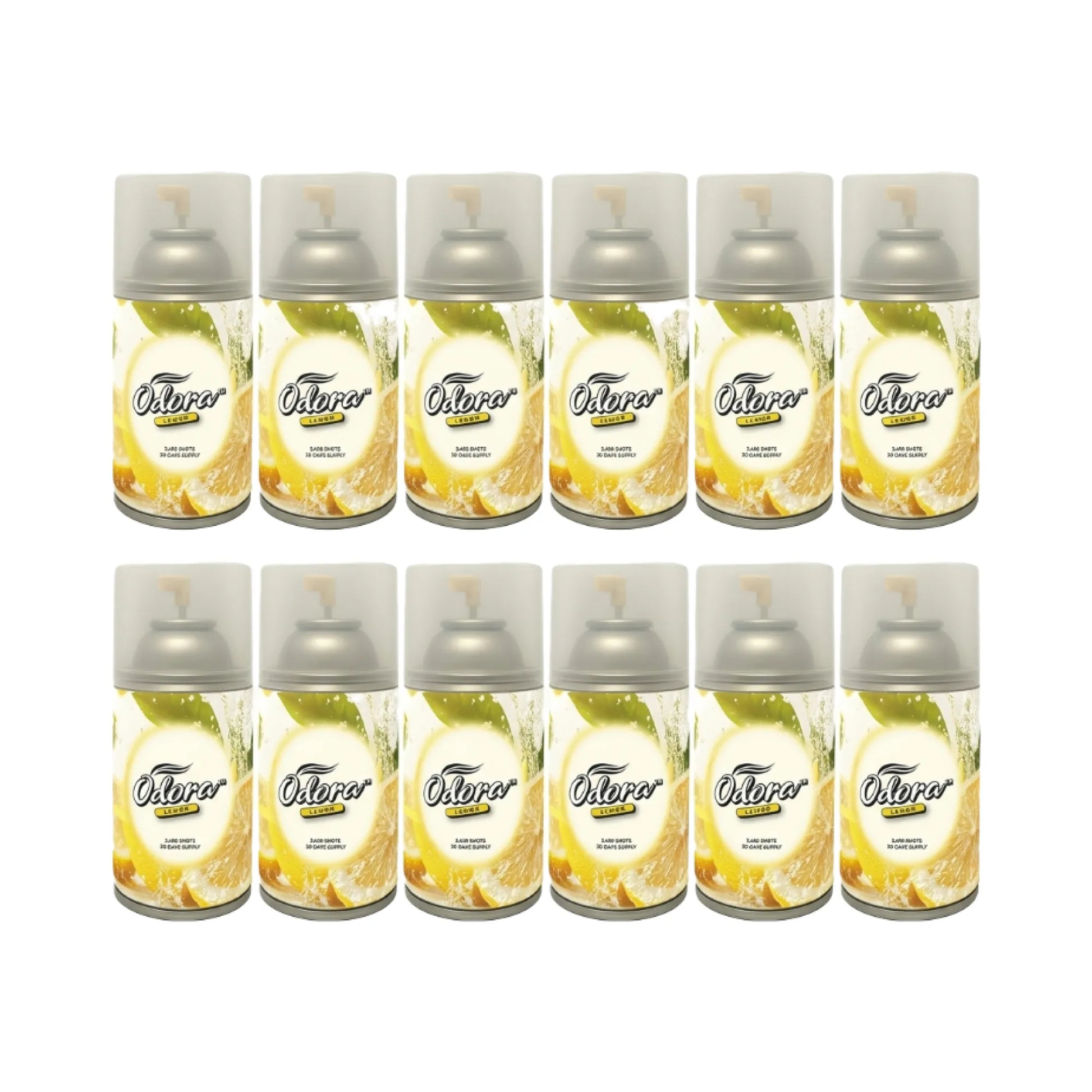 Twelve Ostorero air freshener spray cans arranged in two rows of six on a plain white background. The cans have white labels with yellow citrus graphics and silver spray tops.