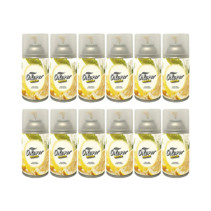 Twelve Ostorero air freshener spray cans arranged in two rows of six on a plain white background. The cans have white labels with yellow citrus graphics and silver spray tops.