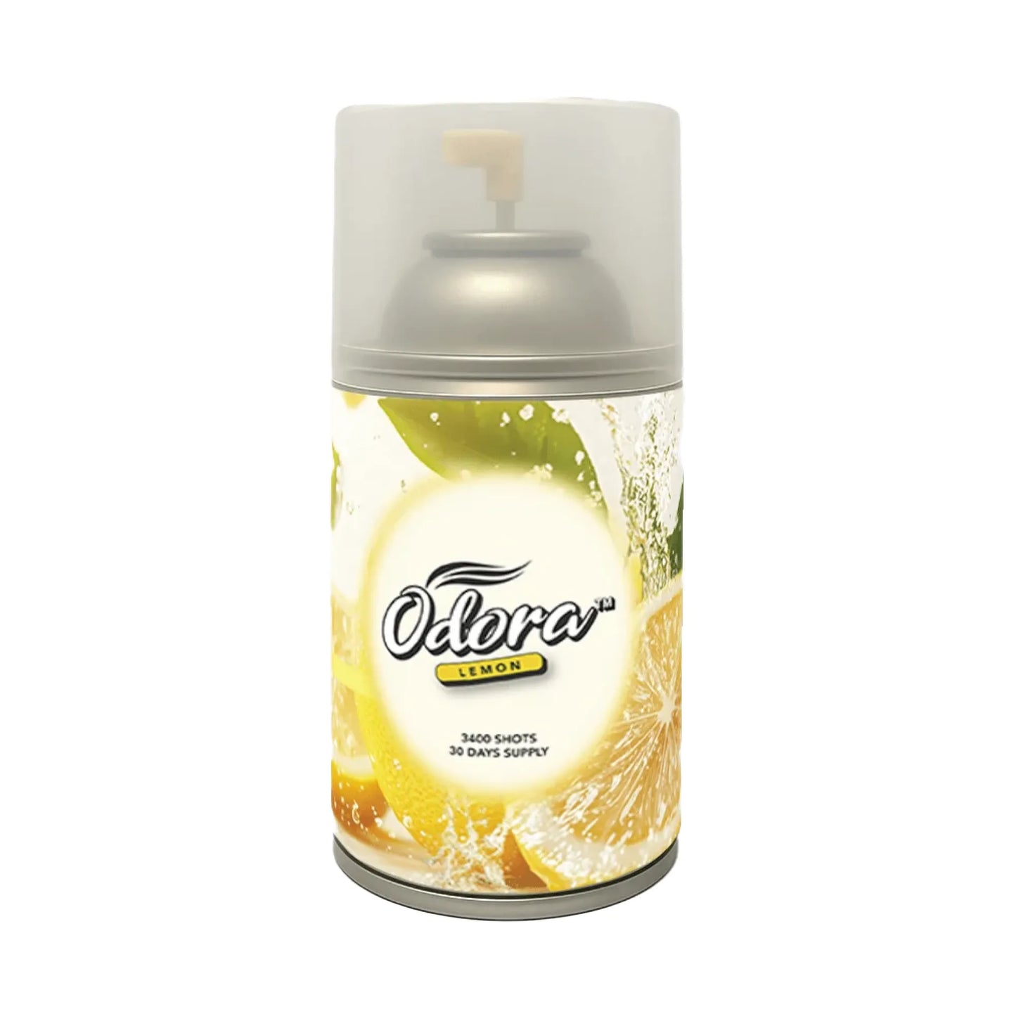 Odora Lemon spray can with a translucent cap and a lemon graphic label, on a white background.