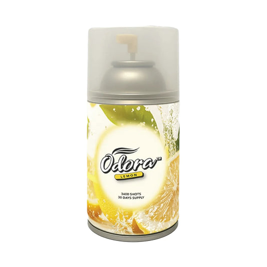 Odora Lemon spray can with a translucent cap and a lemon graphic label, on a white background.