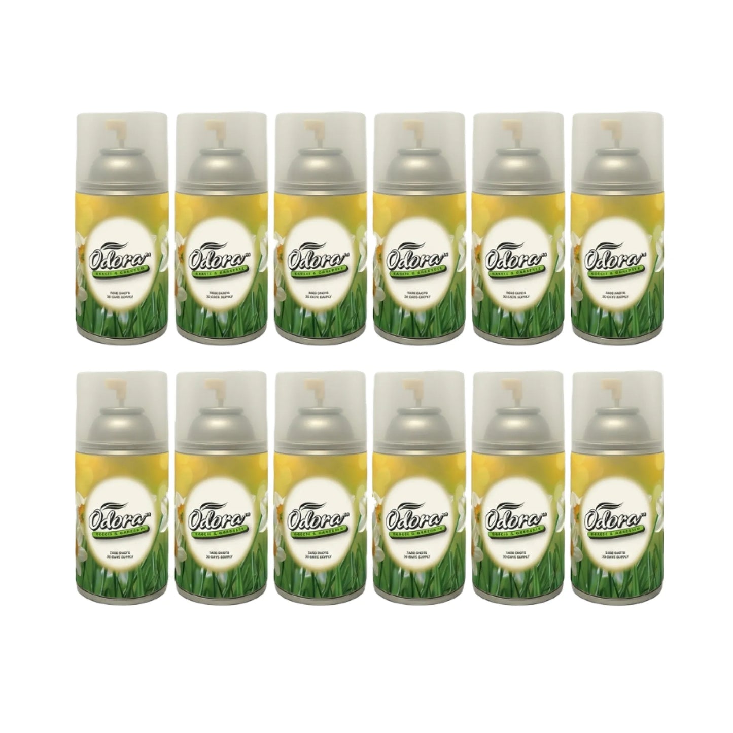 Twelve Osterwer air freshener spray cans arranged in two rows of six on a plain white background. The cans have yellow and green labels with white daisy illustrations and silver caps under translucent white tops.