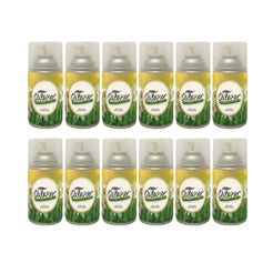 Twelve Osterwer air freshener spray cans arranged in two rows of six on a plain white background. The cans have yellow and green labels with white daisy illustrations and silver caps under translucent white tops.
