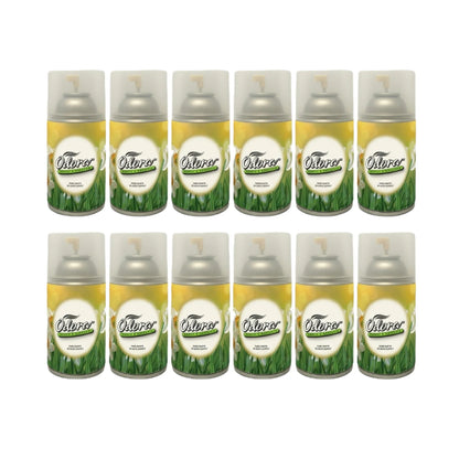 Twelve Osterwer air freshener spray cans arranged in two rows of six on a plain white background. The cans have yellow and green labels with white daisy illustrations and silver caps under translucent white tops.