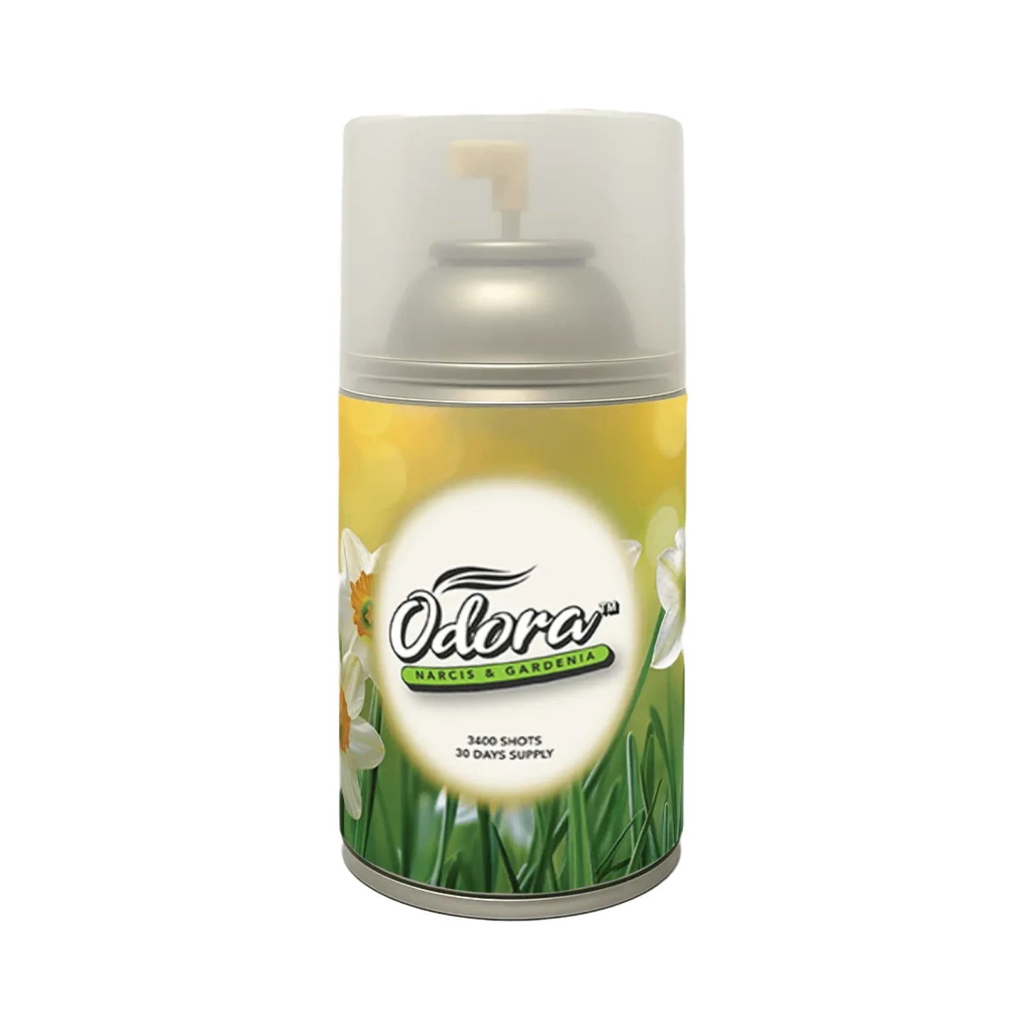 Odorama Marigold & Nightshade scented air spray can with a yellow and green floral label, featuring a white cap and spray nozzle, on a solid white background.