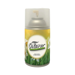 Odorama Marigold & Nightshade scented air spray can with a yellow and green floral label, featuring a white cap and spray nozzle, on a solid white background.