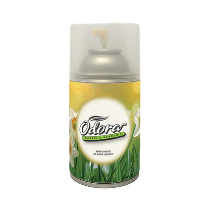 Odorama Marigold & Nightshade scented air spray can with a yellow and green floral label, featuring a white cap and spray nozzle, on a solid white background.