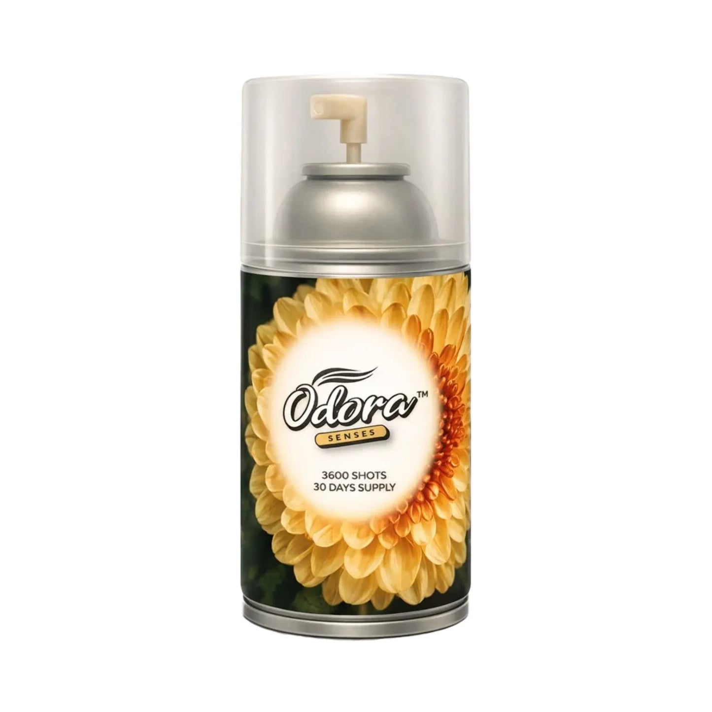 Odora Series 3600+ Shots 30 Days Supply air freshener can with a yellow flower graphic on the label, featuring a clear cap and silver spray top, isolated on a white background.