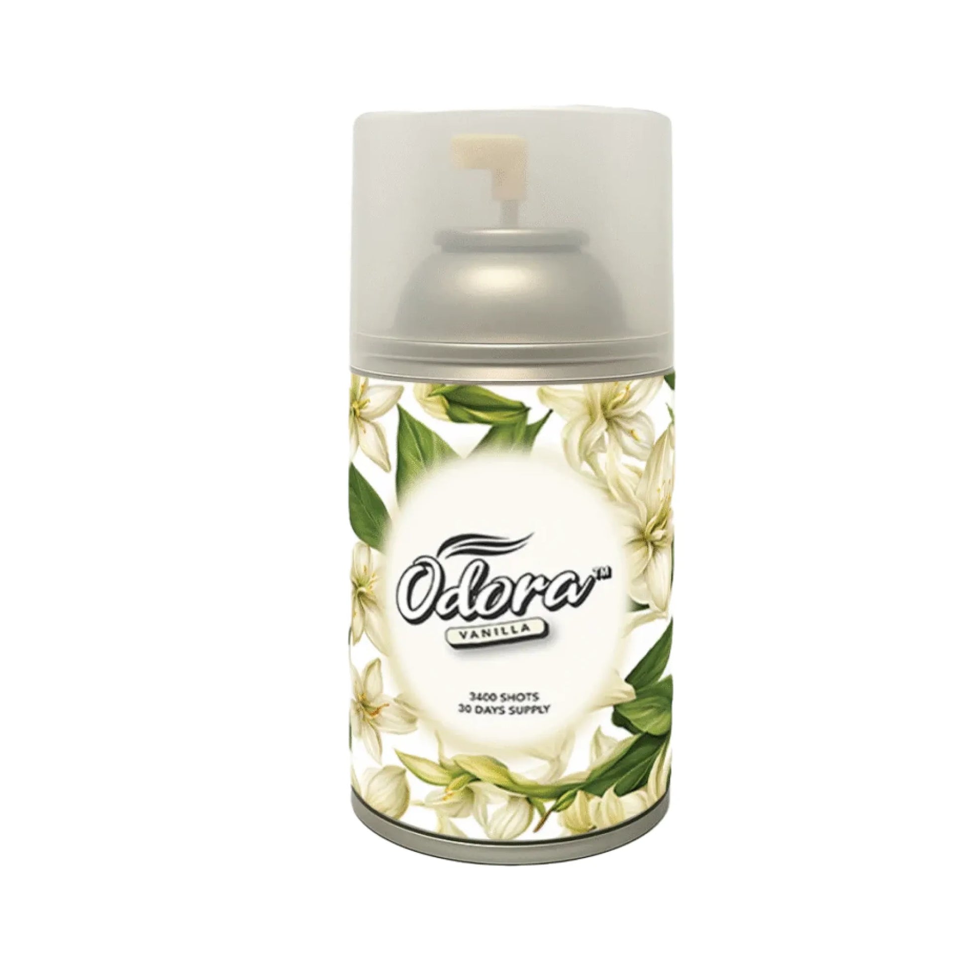 A can of Odora Vanilla room spray with a white floral label, featuring white flowers and green leaves, on a solid white background.