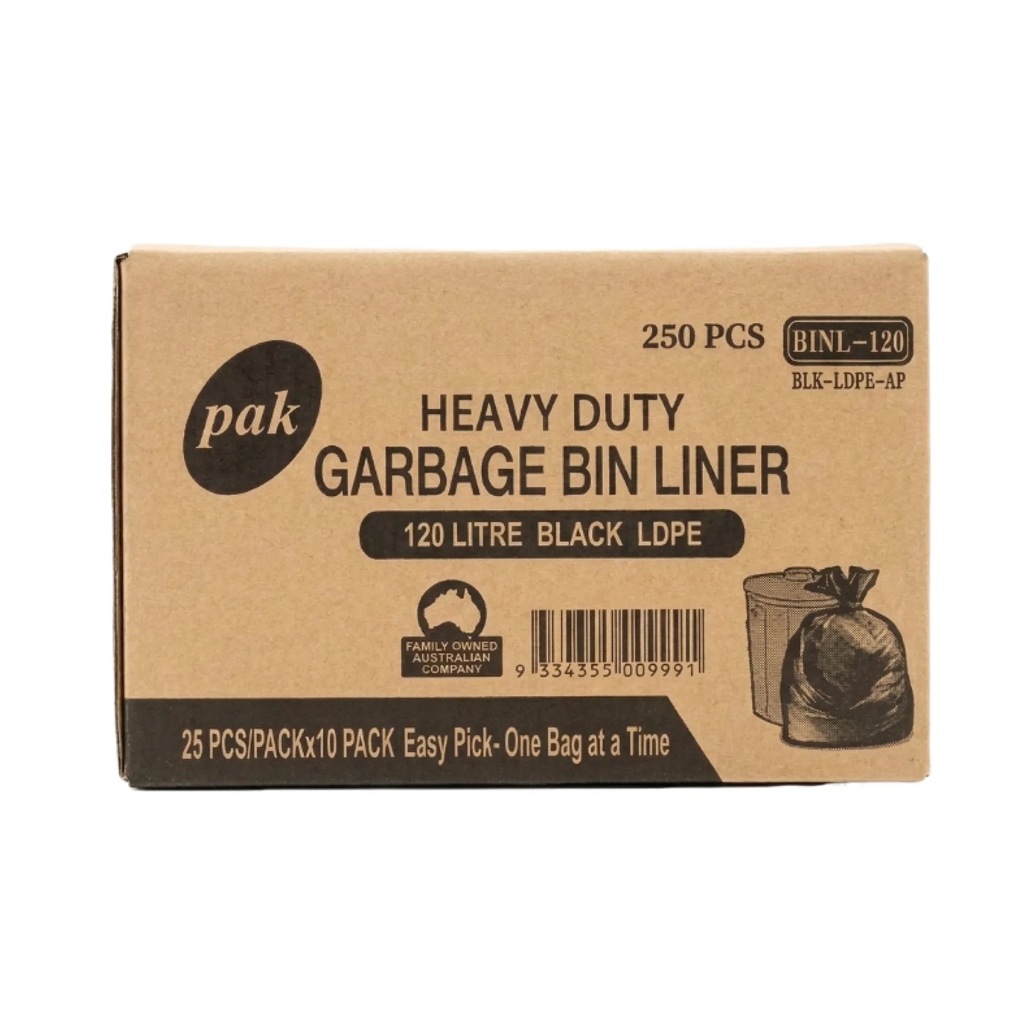 A brown kraft paper box of Pak Heavy Duty Garbage Bin Liners, 120 litre black LDPE, containing 250 pieces.